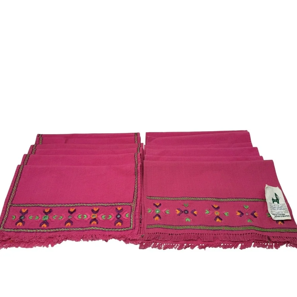 Placemats Set 12 Pink Embroidered Cotton Boho Handmade Fringe Ethnic Table Decor